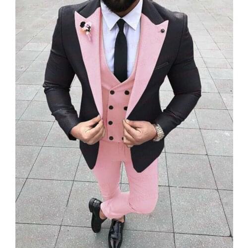 New Black Jacket Pink Vest Pant Men Suits Costume Homme Wedding Tuxedos Terno Masculino Slim Fit Groom Prom Blazer 3 Pieces
