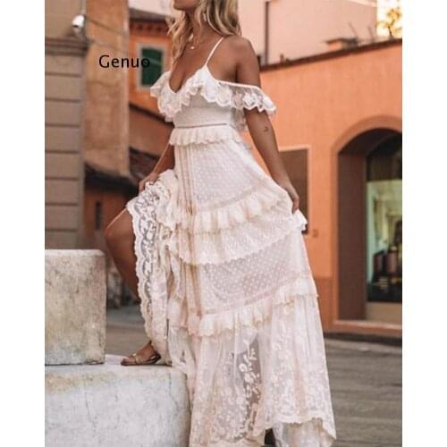 Women Boho Dress Summer Holiday Lace Hollow Out Sundress Solid Slash-Neck Maxi Dress Sukienki Casual Roupa Feminina Vestido