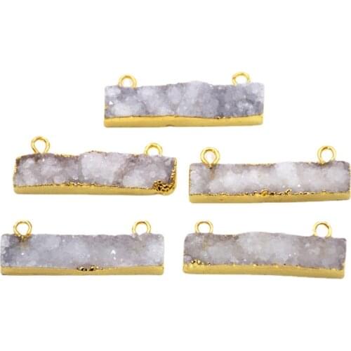 Rectangle Rough Natural Agates Druzy Geode Bar Connector Gold Plating Double Ring Raw Drusy Gem stone Charm Making Jewelry