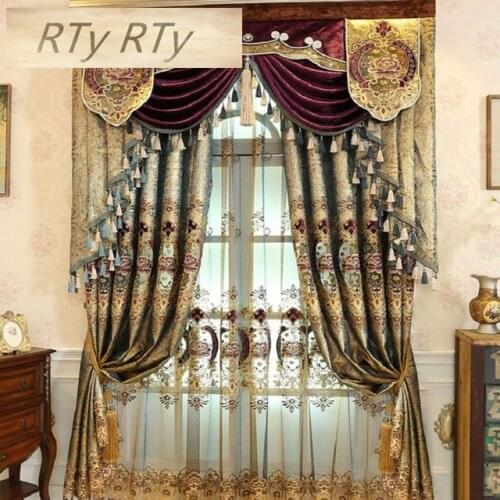 Dark Gold Color Europe Luxury Villa Valance Floral Curtains For living Room Bedroom Window Embroidered Tulle Curtains Drapes