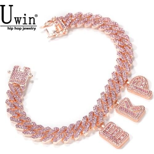 Uwin DIY Baguette Letters with 12mm Rose Gold S-Link Miami Cuban Necklace Pendants Anklets Charms Hiphop Jewelry