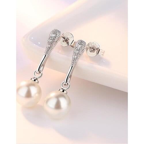 925 Sterling Silver Elegant Simulated Pearl Drop Wedding Earrings Bridal Dangle Earring For Women S-E190