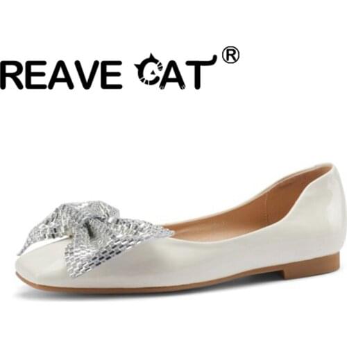 REAVE CAT 2021 Spring Fashion Crystal Bowtie Pumps Sweet Square Toe Bling Slip On Leather 1.5cm Flat Size 32-43 Gold Beige A4186