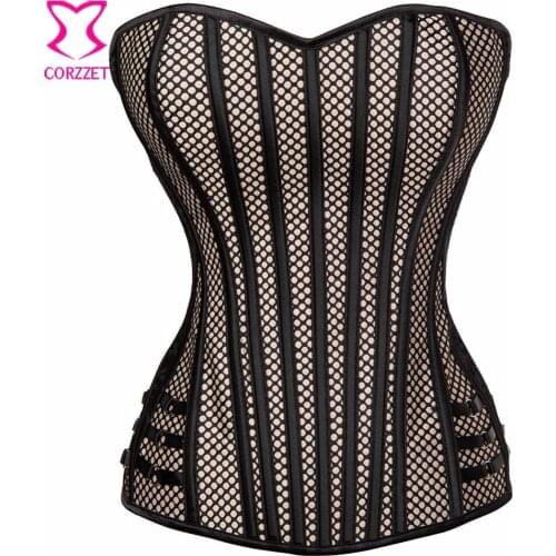 Womens Gothic Steampunk Corset Top Beige Satin and Fishnet Overbust Corsets and Bustiers Sexy Korset Black Lace Corselet Zipper
