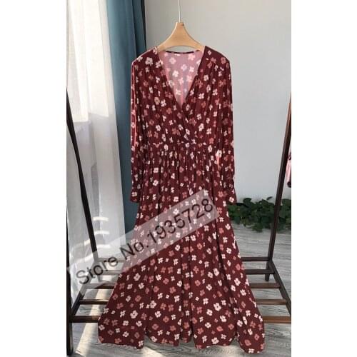 Ladies 100% Viscose Floral Printed Wrap V Neckline Elastic Waist Long Sleeve Midi Dress