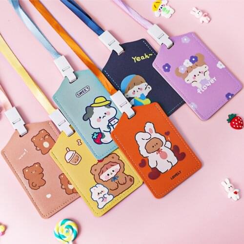 1 pcs Kawaii Cartoon rabbit Bear Badge PU Leather Card Holder Nurse Doctor Exhibition Pull Key ID Name Card Badge Holder