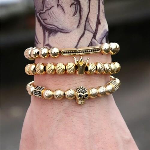 2020 Hot Crown Hexagon Strip Skull Paved Black Rhinestone CZ Copper Beads Charm Djustable Beaded Unisex Bracelet For Women Gift