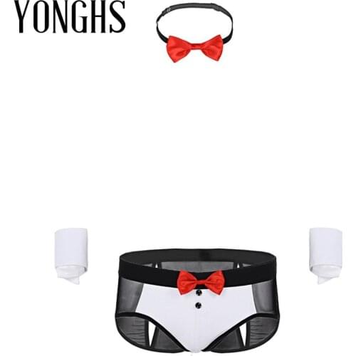 3Pcs Mens Erotic Lingerie Set See Through Sheer Mesh Butt Splits Briefs Sexy Underwear with Bow Tie and Cuffs Costume Outfit