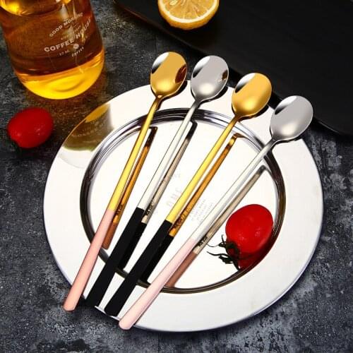 4Pcs Stainless Steel Ice Scoop Creative Black Gold Pink Long Hand Coffee Mixing Scoop Barista Stick Serving Spoon Tabelware Acc