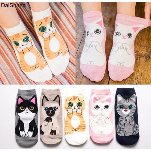 5Pairs/lot Spring Summer Fashion Women Cotton Sox Cartoon Hello Kitten Cat Puppy Dog Harajuku Kawaii Cute Girl Happy Funny Socks