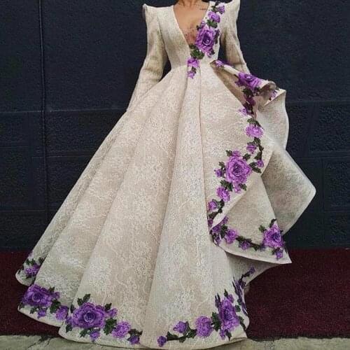 Asymmetrical Arabic Dubai Lace Embroider Prom Dresses Long Sleeve Deep V Neck Evening Dress Formal Party Gowns vestido formatura