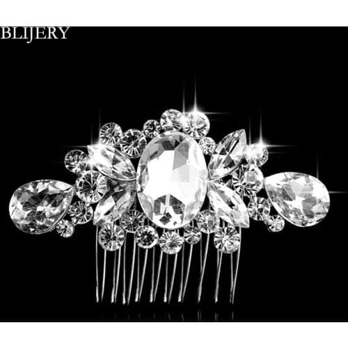 BLIJERY Silver Color Crystal Big Waterdrop Floral Wedding Hair Accessories Bridesmaid Bridal Hair Combs Women Hair Jewelry