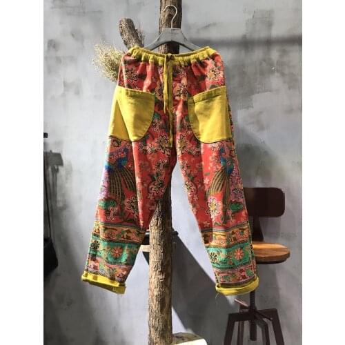Women Elastic Waist Patchwork Printed Pants Ladies Print Floral Loose Trousers Female Flower Pants Retro Vintage Spring