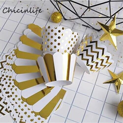 Chicinlife 12Pcs Gold Striped Wave dot Cupcake Wrappers Birthday Party Supplies Wedding Baby Shower Cupcake Decoration