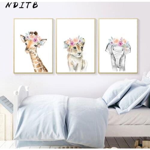 Floral Safari Animal Lion Elephant Canvas Painting Nursery Poster Print Wall Art Pictures Nordic Kids Baby Bedroom Decoration