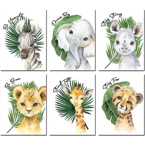 Baby Nursery Wall Art Watercolor Animal Poster Zebra Elephant Canvas Poster Painting Nordic Kid Room Decoration Picture