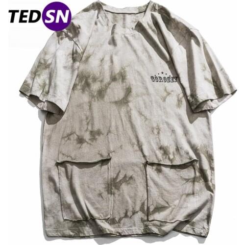 Retro Tie Dye Tshirt Men Harajuku Front Pocket Tees 2021 Summer Short Sleeve Tshirt Cotton Oversize Tops Streetwear