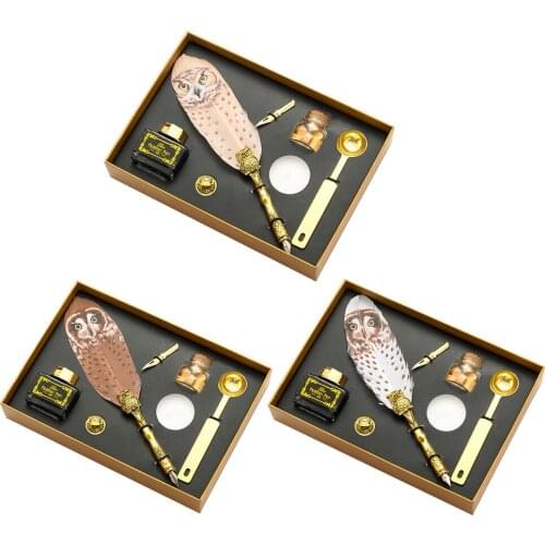 Retro Stationery Fountain Pen Set Calligraphy Owl Feather Quill Dip Pen Fire Lacquer Wax Grain Seal Wax Spoon Set Craft Gifts