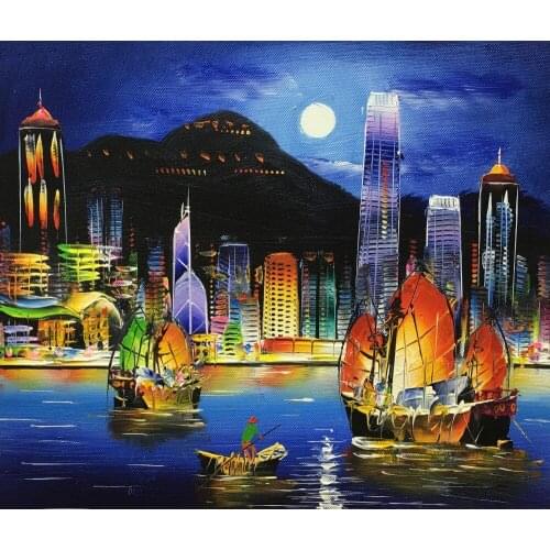 Hot Sale Hand Painted Modern Knife Canvas Oil Painting Hong Kong City Night Landscape Wall Art Pictures Painting for Living Room