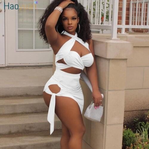 HAOYUAN Sexy Two Piece Set Vacation Outfits for Women Rave Summer Clothes Halter Crop Top Mini Skirt Matching Club Dress Sets