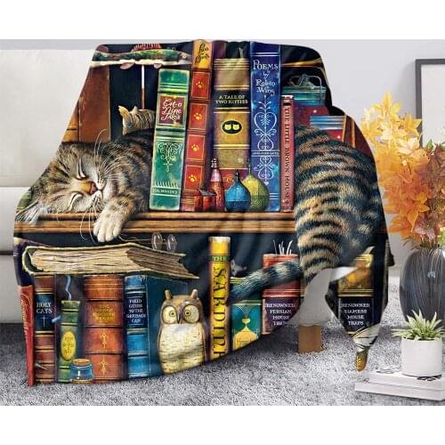 Cat on the Book Shelf Funny 3D Printed Throw Blanket Warm Winter Bed Sheet Knee Blanket Office Nap Blanket Fall Thin