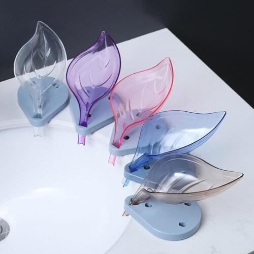 Creative Transparent Leaf Shape Drain Soap Box Holder with Suction Cup for Bathroom