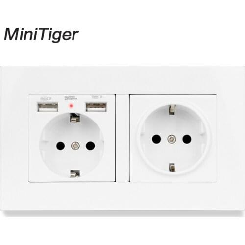 Minitiger 2 Gang Russia Spain EU Standard Wall Socket With 2 USB Charge Port Hidden Soft LED Indicator PC Panel Black White
