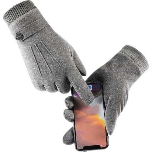Men Winter Warm Touch Screen Faux Suede Gloves Thicken Plush Lining Elastic Knit Cuff Driving Cycling Texting Mittens