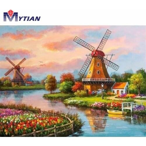 MYTIAN 5d Diamond Painting,Farmland Windmill,Countryside,Diamond Embroidery Art Kit,Mosaic Needlework Home Decoration Wall Stick