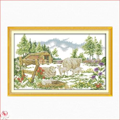 Beautiful Farm Cross Stitch Kit DIY Pattern The Sheep Scenery Embroidery 11CT 14CT Needlework Sewing Kit Home Decoration Crafts