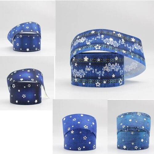 Newest Design Silver Foil Denim Printed Luminous Star Ribbon 10/25/50 Yards Diy Handmade Gift Wrapping Wedding Decoration Ribbon