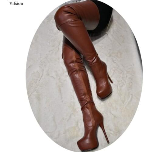 Olomm New Stylish Women Platform Over The Knee Boots Thin High Heel Boots Round Toe Camel Dress Shoes Women Plus US Size 5-15