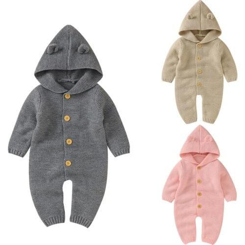 Autumn Winter Hooded Collar Solid Color Long Sleeve Jumpsuit Overall Korean Style Toddler Baby Boys Girl Knitting Romper