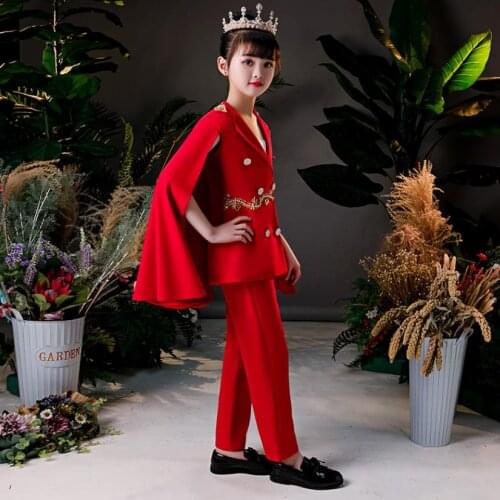 2PCS New Children Jacket+Pants Suits Gown Kids Catwalk Show Host Dress Birthday Party Dress For Girls Vestidos Costume L613