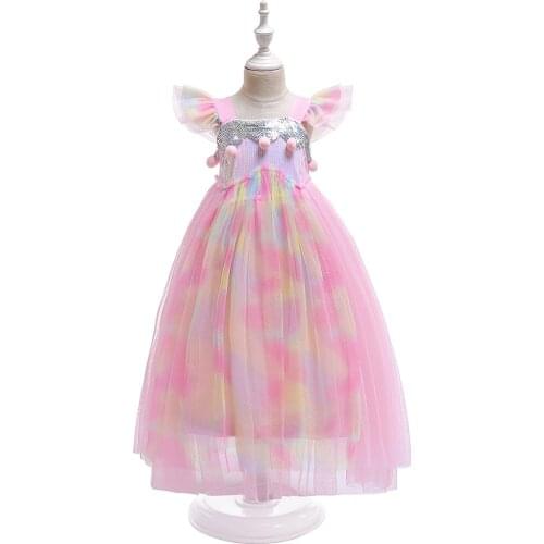 2020 Girl Unicorn Dress Flying Sleeve Sequin Ball Color Mesh Cosplay Holiday Costume Princess Dress Kids Flower Embroidery Dress