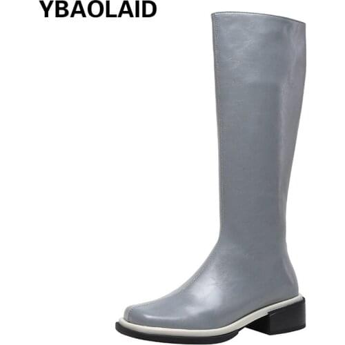 Square Head Horse Oil Leather Casual High Boots Autumn and Winter New Solid Color Side Zipper Medium Thick Heel But Knee Boots