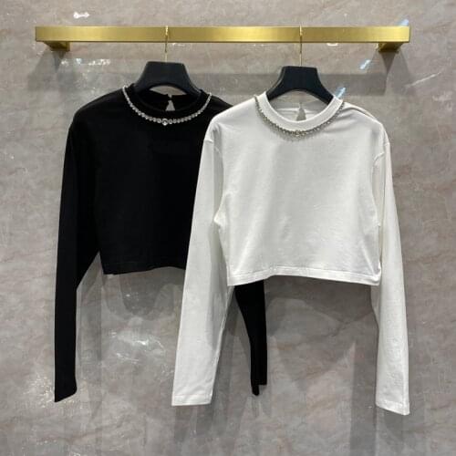 Korean Style Chic womens Crystal long sleeves T-shirt High quality 100% cotton Short Tee Tops C508