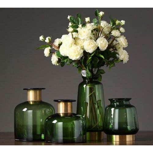 Modern Simple Dark Green Glass Vase Gold Foil Art Vases Dried flower hydroponic container Home Decoration Accessories