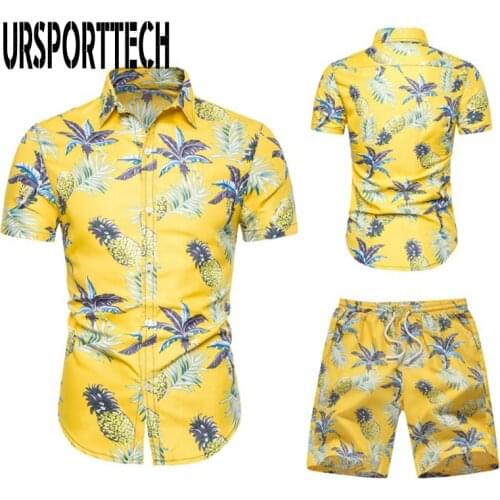 URSPORTTECH Mens Shirt And Short Set Summer Fashion Floral Print Short Sleeve Shirts Men Shorts Set Men Tracksuit Set Plus Size