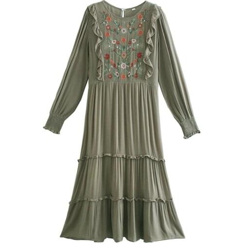 Spring Autumn Long Sleeve Women Dresses Fashion Ruffle Floral Embroidery Vintage Midi Dress Round Neck Frill Tiered Casual Dress