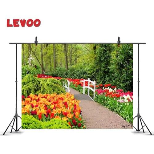 LEVOO Photocall Background Walkway Spring Flowers Tulips Trees Gardens Photo Backdrops For Photo Studio Props Decoration Vinyl