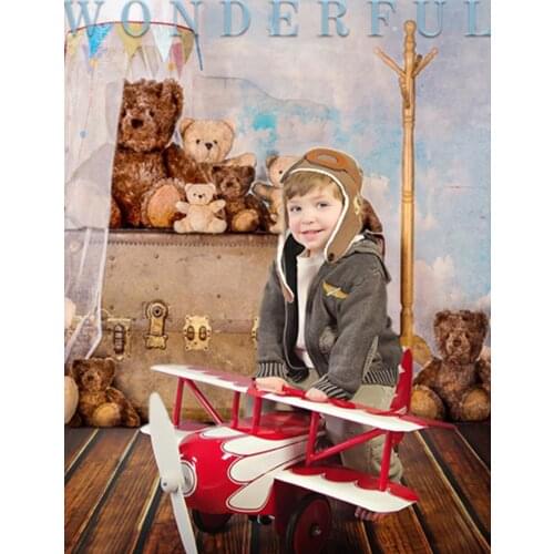 Vintage Children Photography Backdrops Wood Floor Bears on Old Case Cloud Blue Sky Baby Photo Studio Backgrounds 150cm*200cm