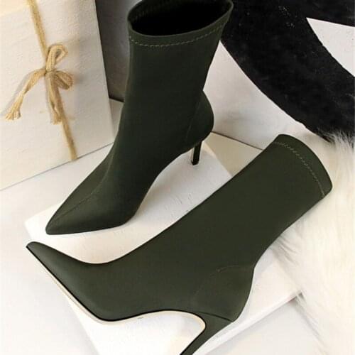 Fashion Women Boots Beige Pointed Toe Elastic Ankle Boots Heels Shoes Autumn Female Socks Boots Woman Shoes High Heels Sexy 2021