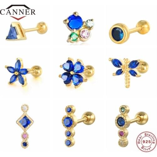 CANNER Blue CZ Zircon Irregular 925 Sterling Silver Pendients Ear Studs Piercing Earrings for Women Earring Girls Gifts Jewelry