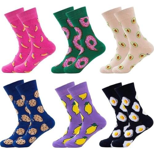 Women Funny Socks With Print Cute Happy Avocado Socks Cartoon Fruits Lemon Egg Cookie Donuts Food Harajuku Skateboard Crew Socks