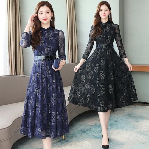 2021 Plus Size Lace Floral Boho Midi Dresses Autumn Winter Vintage Print Long Sleeve Dress Elegant Women Bodycon Party Vestidos