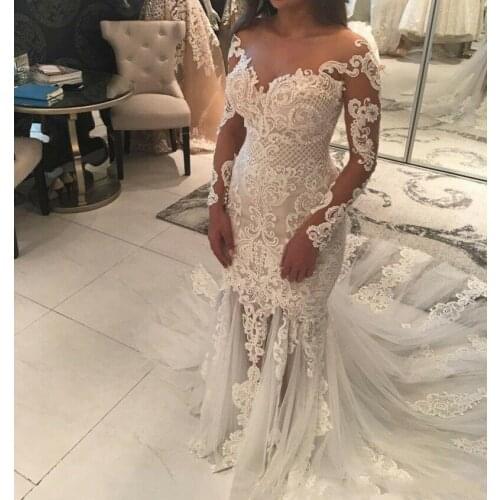 Graceful Lace Appliques Mermaid Wedding Dresses Vestios De Novia Sweep Train IIIsion Long Sleeves Back Bridal Gowns with
