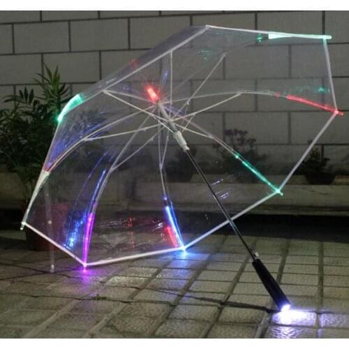 10pcs/lot Fast shipping Rainbow color Umbrella LED Luminous Transparent Umbrella With Flashlight Flash light Torch 23 Inch 8K