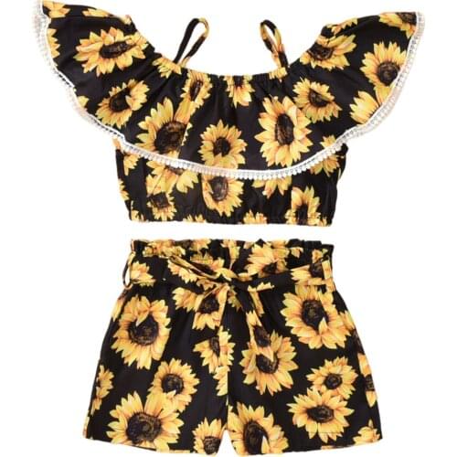 2021 Toddler Girls 2Pcs Summer Clothes, Sunflower Print Off Shoulder Strap Tops + Shorts Set 3-8T
