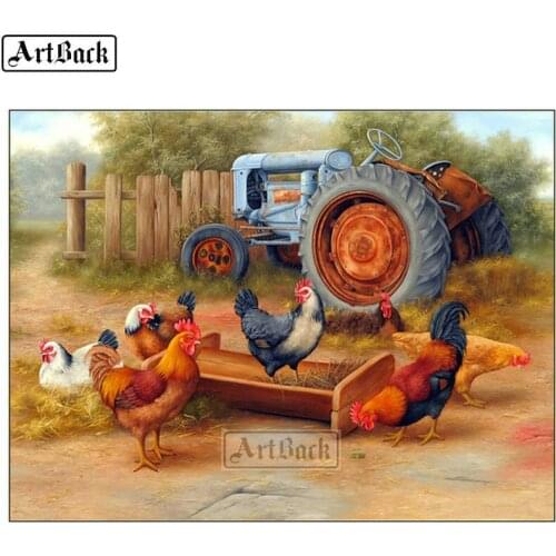 5d diy diamond painting chicken farm tractor landscape full square icon 3d round diamond mosaic embroidery sticker